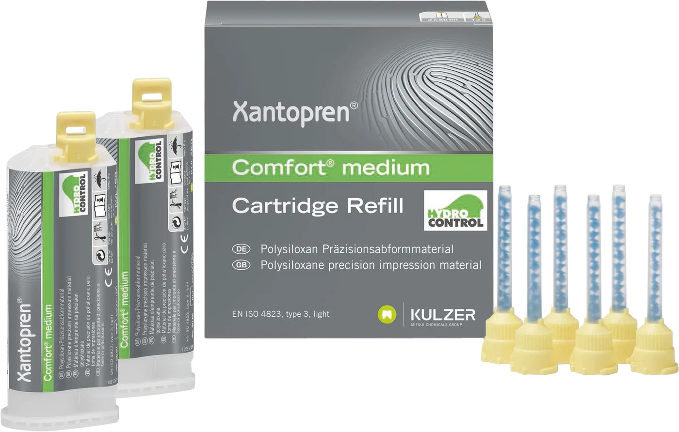 Xantopren® Comfort® System Normalpackung 2 x 50 ml Doppelkartusche medium grün, 12 Mixing Tips