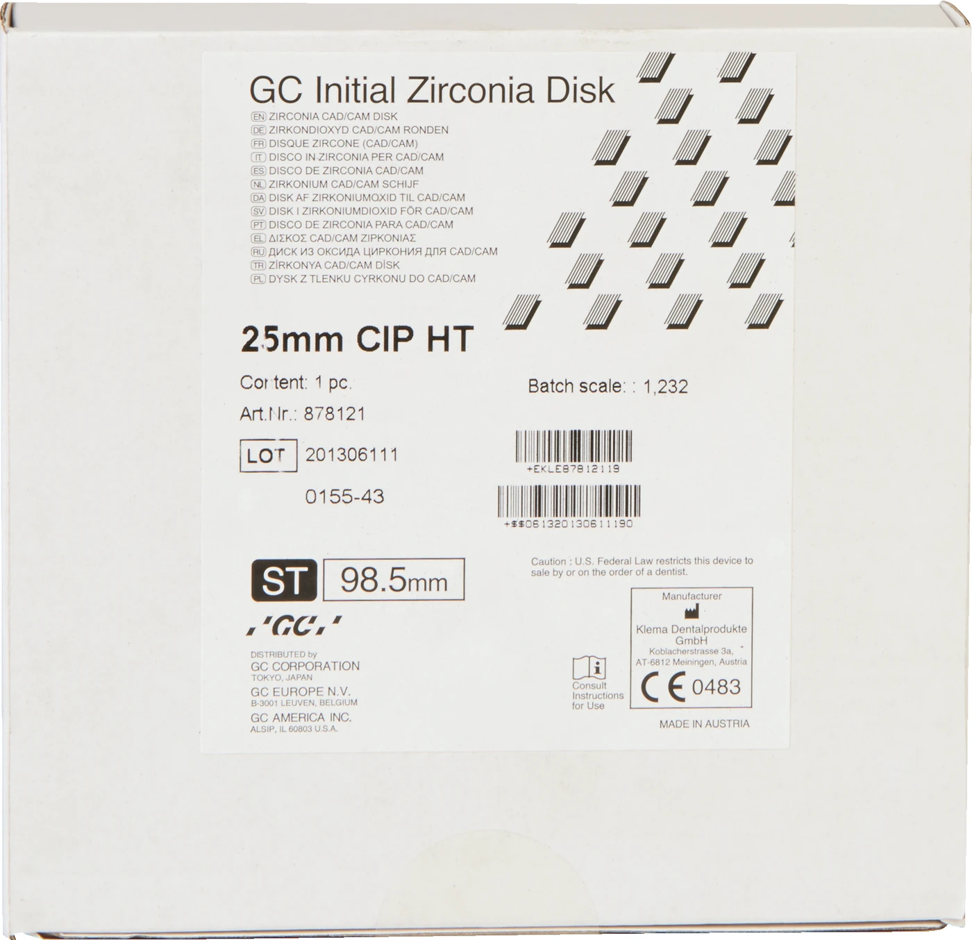 GC Initial™ Zirconia Disk Stück Ø 98, 5 mm H 25 mm, HT