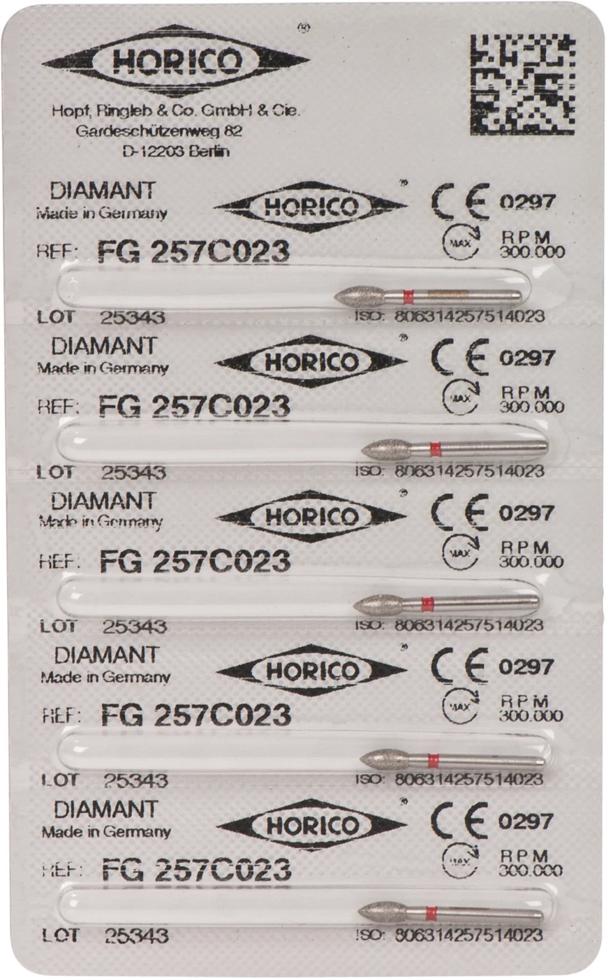 Diamantschleifer 257 Packung 5 Stück rot fein, FG, Figur 257, 5 mm, ISO 023