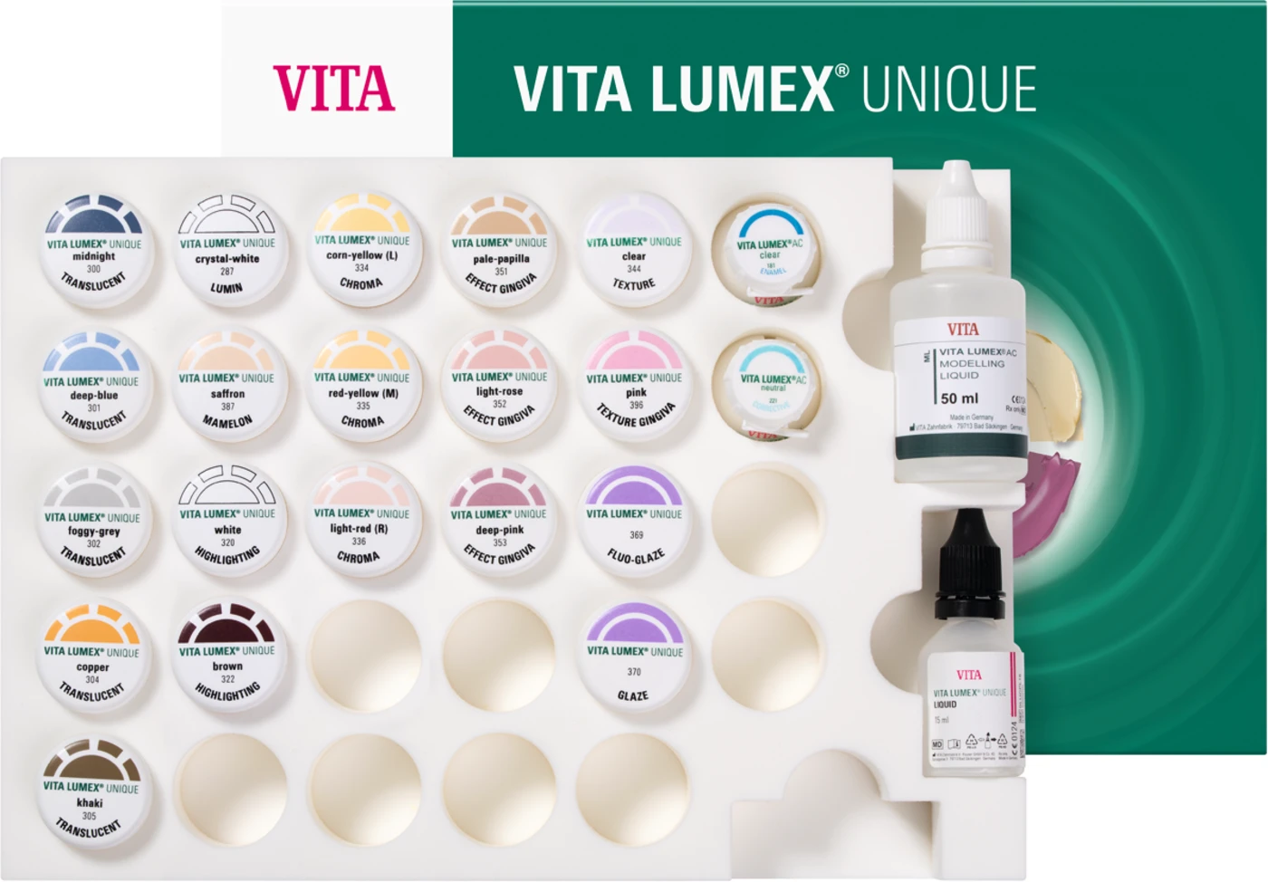 VITA LUMEX® UNIQUE Standard Kit 3D-Master 19 x 4 g Paste, 15 ml Liquid, 12 g Lumex AC corrective neutral, 12 g Lumex AC enamel clear, 50 ml Lumex AC Modelling Liquid