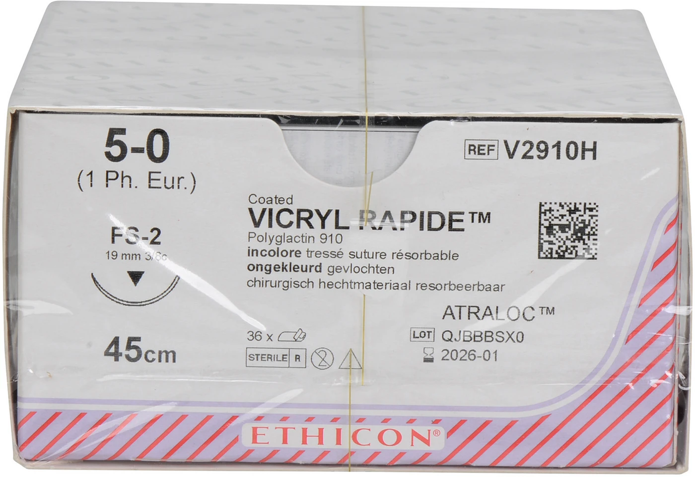 VICRYL™ RAPIDE Packung 36 Stück ungefärbt, 45 cm, FS2, 3/8 Kreis, schneidend, 19 mm, USP 5/0