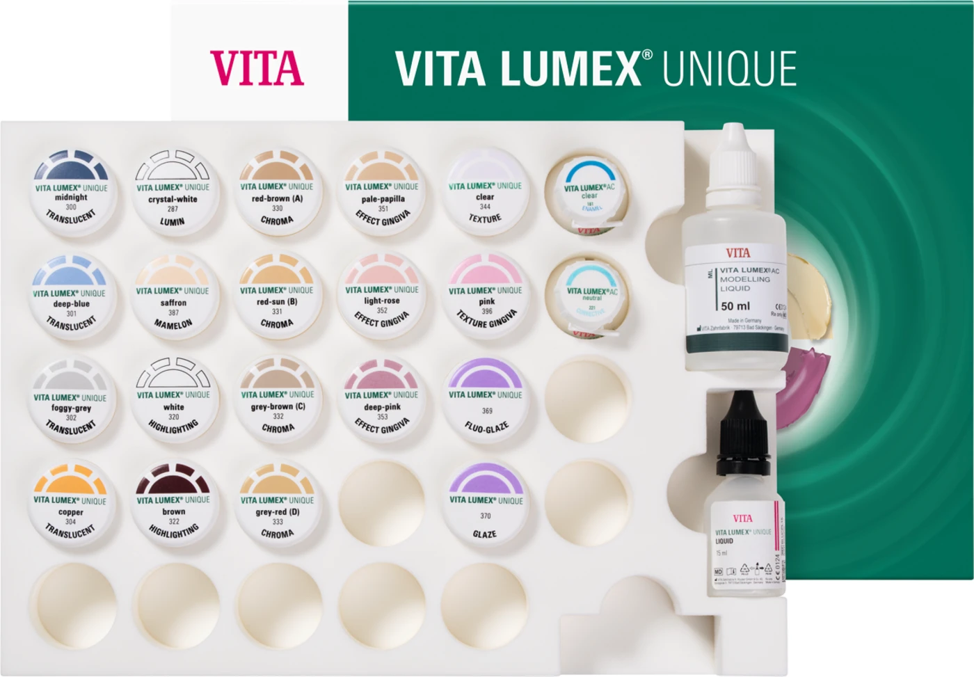 VITA LUMEX® UNIQUE Standard Kit classical A1-D4 19 x 4 g Paste, 15 ml Liquid, 12 g Lumex AC corrective neutral, 12 g Lumex AC enamel clear, 50 ml Lumex AC Modelling Liquid
