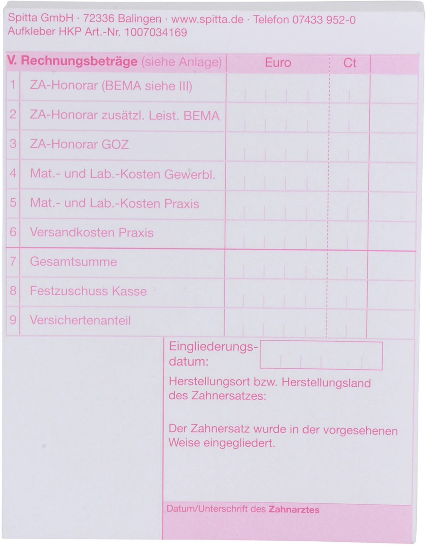 Heil- und Kostenplan V. Rechnungsbeträge Stück 100 Blatt