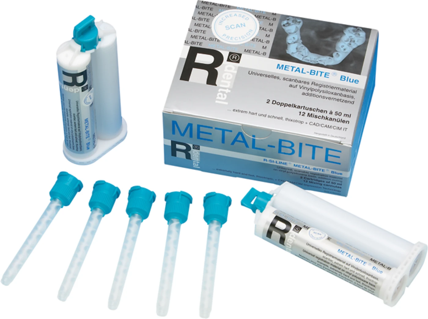 R-SI-LINE® METAL-BITE® Blue Packung 2 x 50 ml Doppelkartusche blue, 12 Mischkanülen SXN