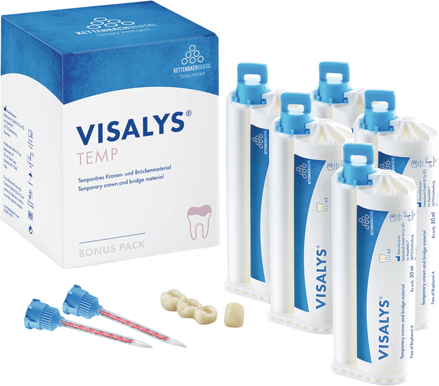 Visalys® Temp Bonus pack 5 x 50 ml Kartusche A3, 15 Mischkanülen blau-orange