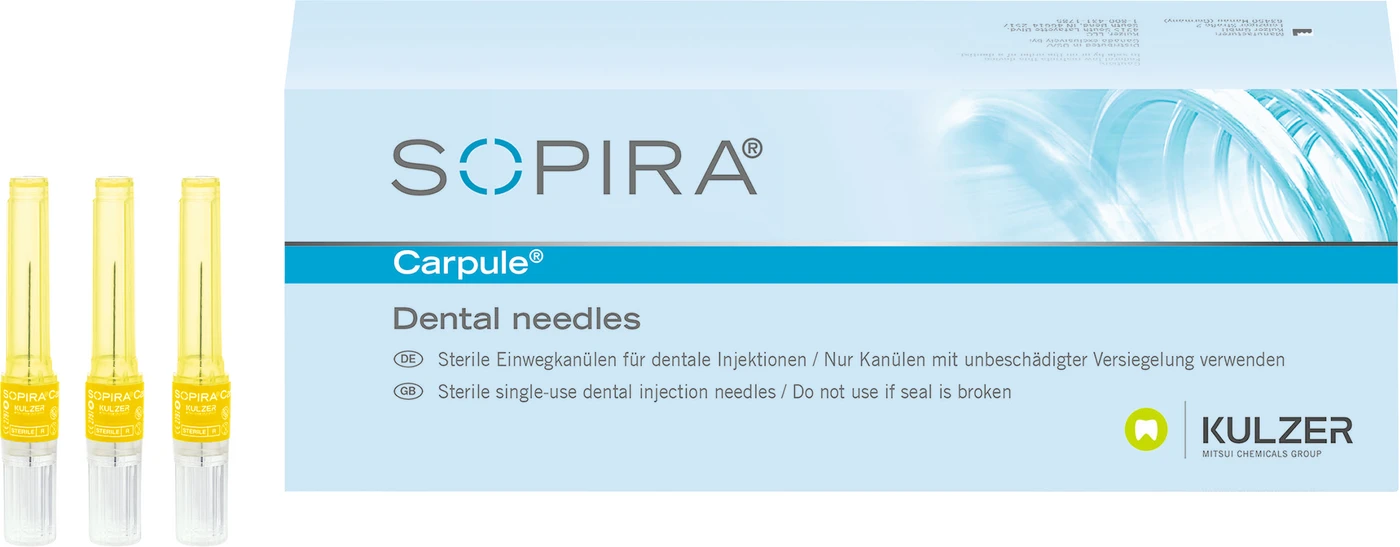 SOPIRA® Carpule® Kanülen Refill Packung 100 Stück für 30G, 21 mm, langer Anschliff, gelb, Typ Injektion Periapikalisch