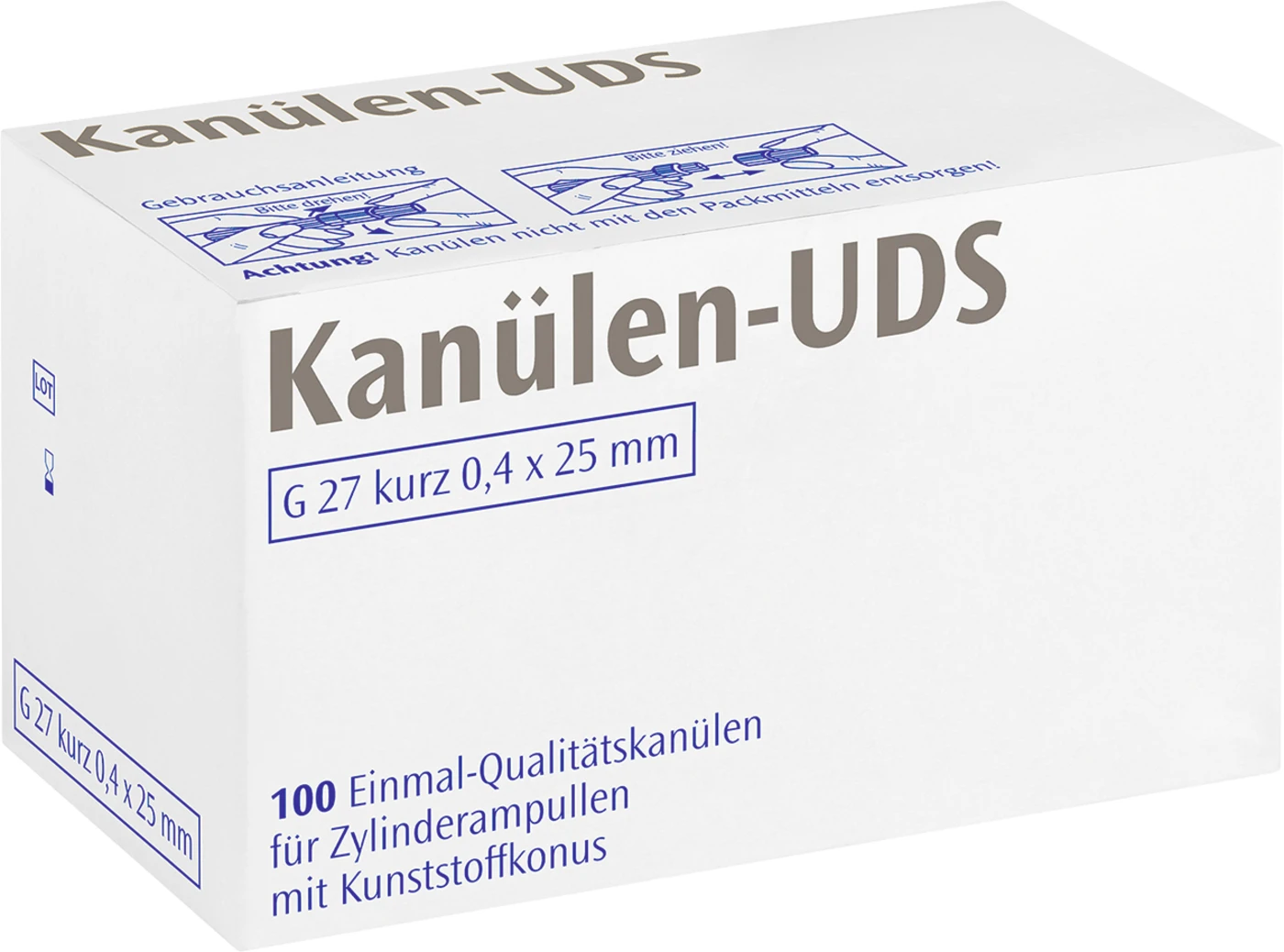 UDS Kanülen Packung 100 Stück grau G27 kurz, 0,4 x 25 mm, Kappe transparent