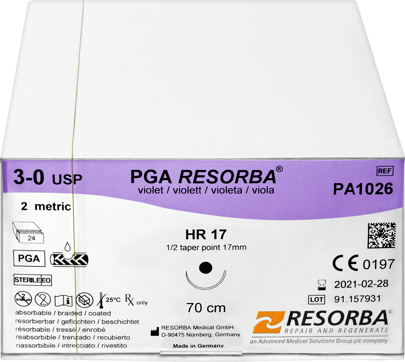 RESORBA® PGA Packung 24 Stück, violett, 70 cm, HR17, USP 3/0