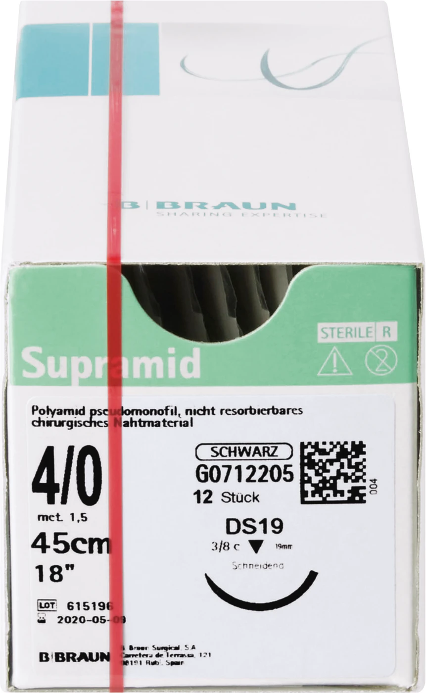 Supramid® Packung 12 Stück schwarz, 45 cm, USP 4/0, DS19