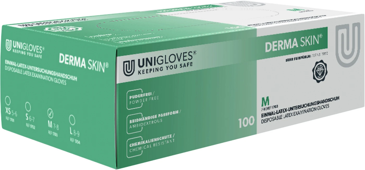 DERMA SKIN Latexhandschuhe Packung 100 Stück puderfrei, naturlatex, M