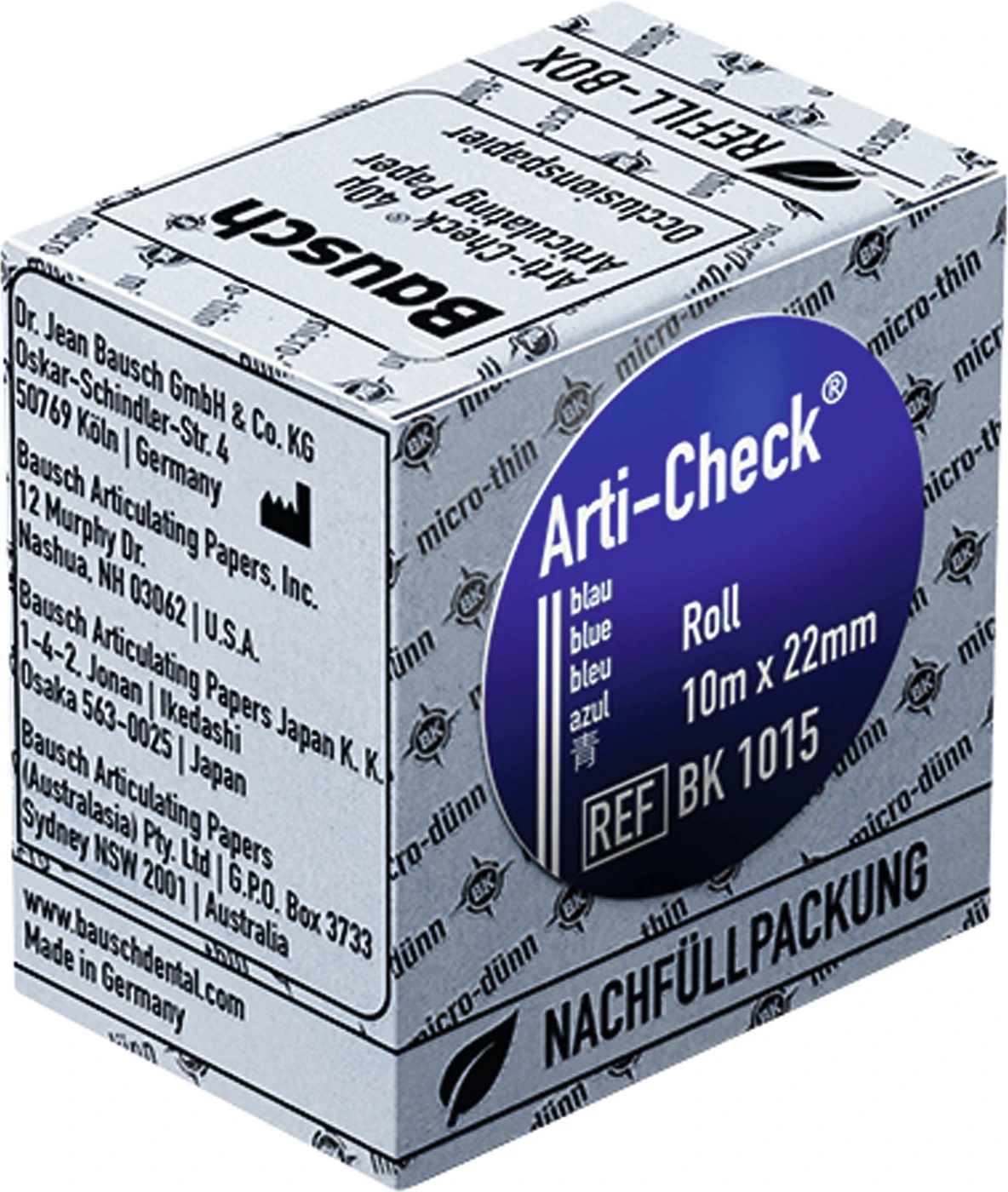 Occlusionspapier Arti-Check® 40 µ Nachfüllpackung 10 m blau, 22 mm, BK 1015