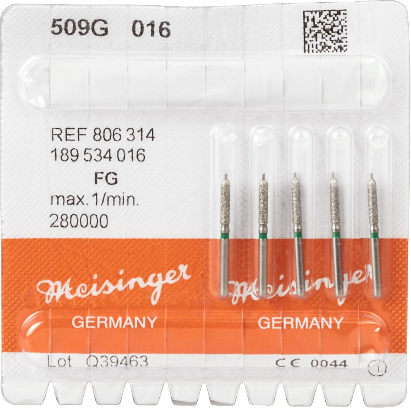 Diamanten 509 Packung 5 St. grün grob, FG, Fig. 189 Par. Hohlkehle m. Führungsspitze, 8 mm, ISO 016