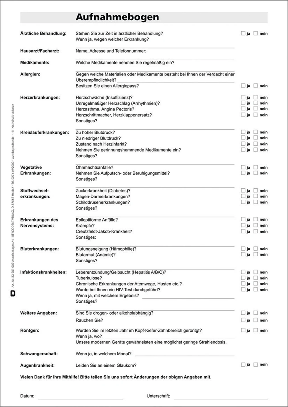 Anmeldebogen Anamnesebogen Stück 100 Blatt Anmeldebogen Anamnesebogen Stück 100 Blatt