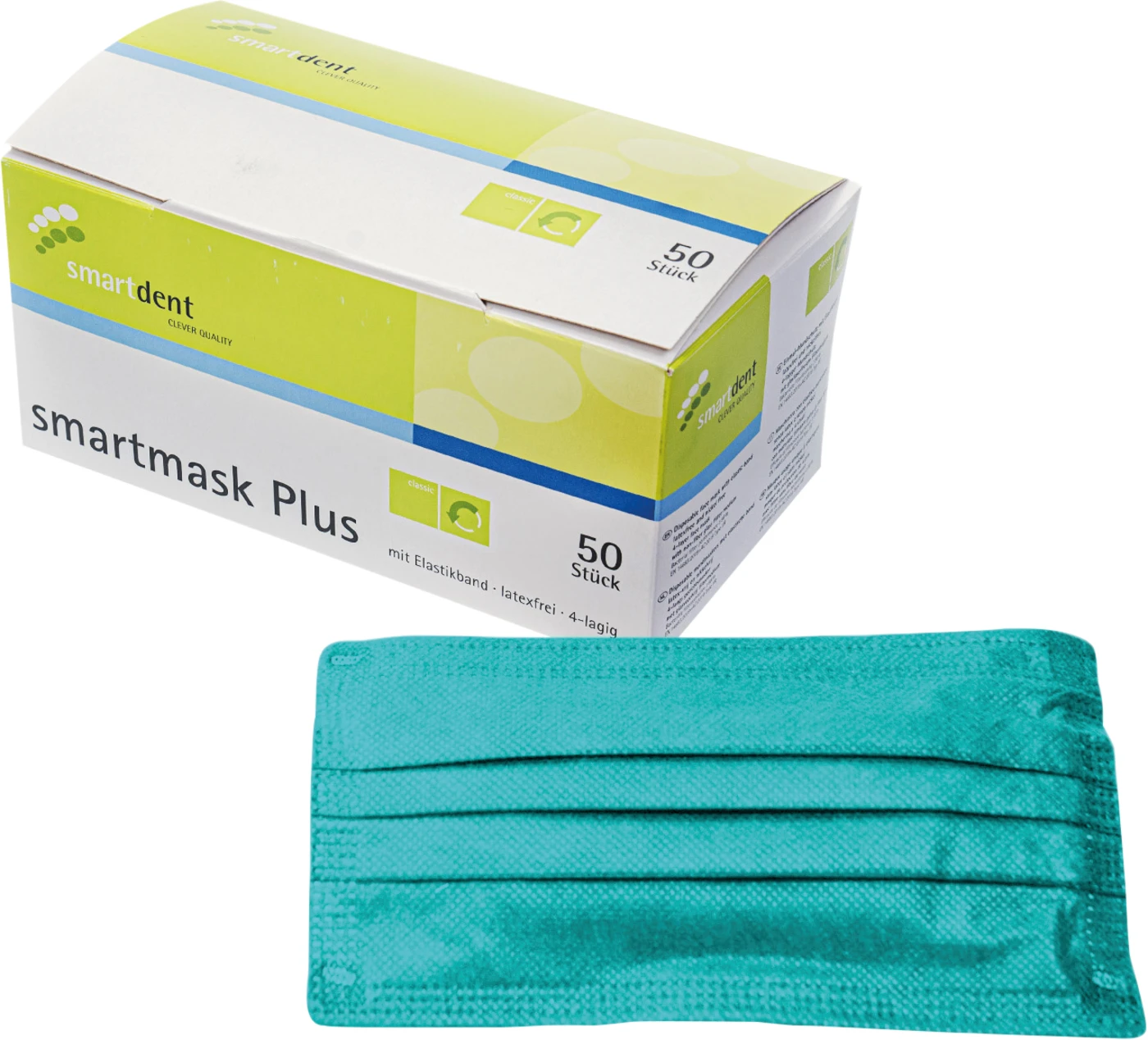 smartmask Plus Packung 50 Stück latexfrei, 4-lagig, türkis