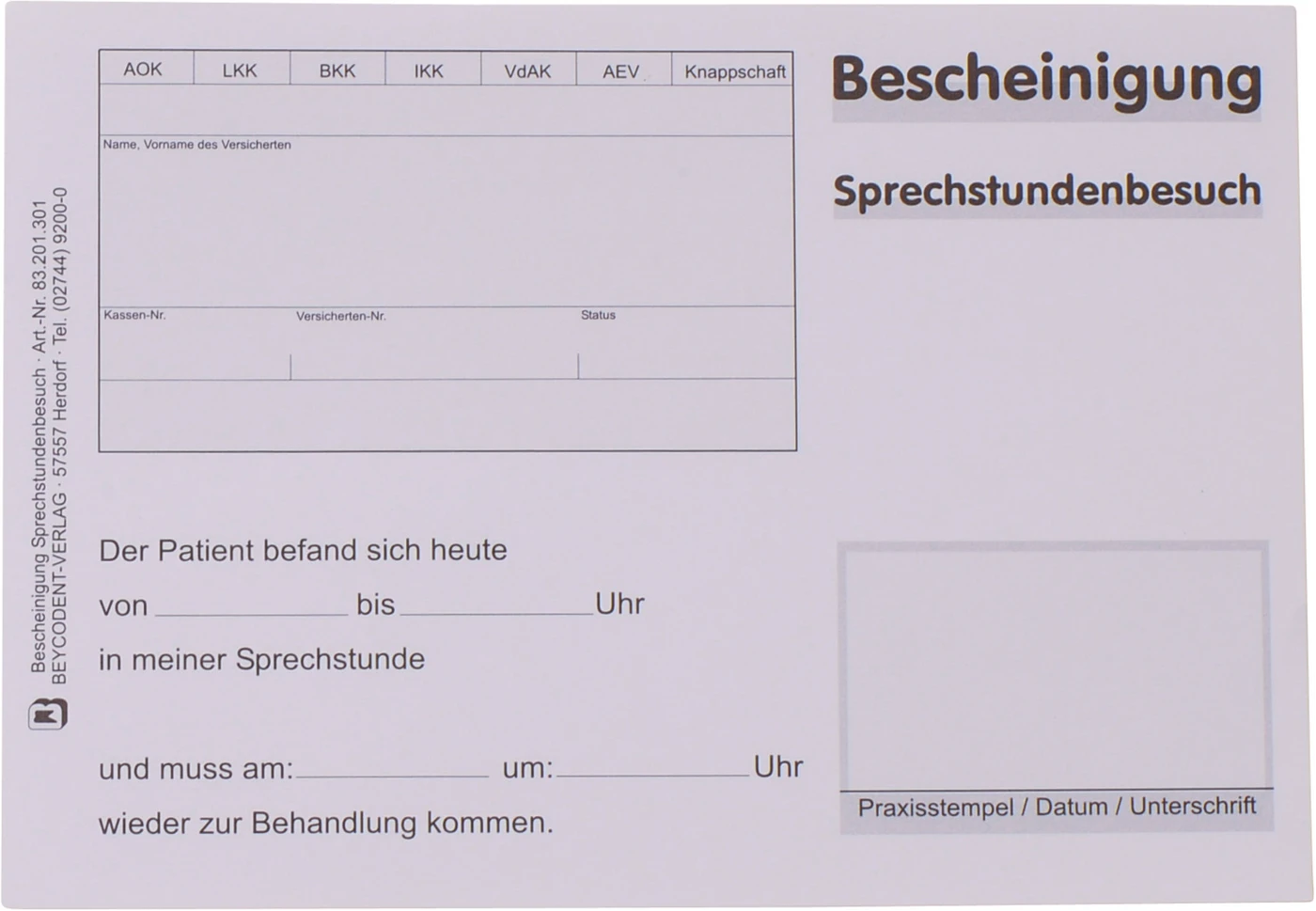 Bescheinigung über Sprechstundenbesuch Block 100 Stück