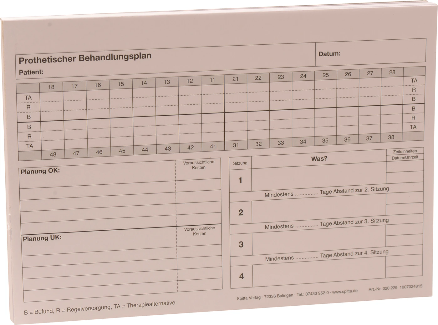 Behandlungsplan  Zahnersatz / Prothetik Stück 100 Blatt Behandlungsplan Prothetik