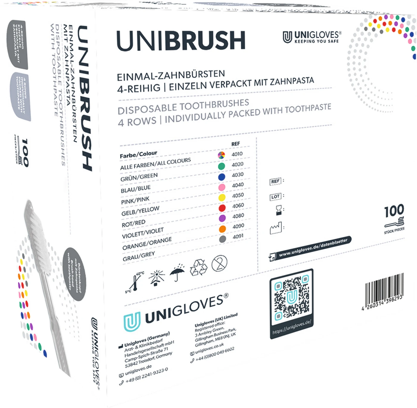 UNIBRUSH Einmal Zahnbürsten Box 100 Stück bunt sortiert