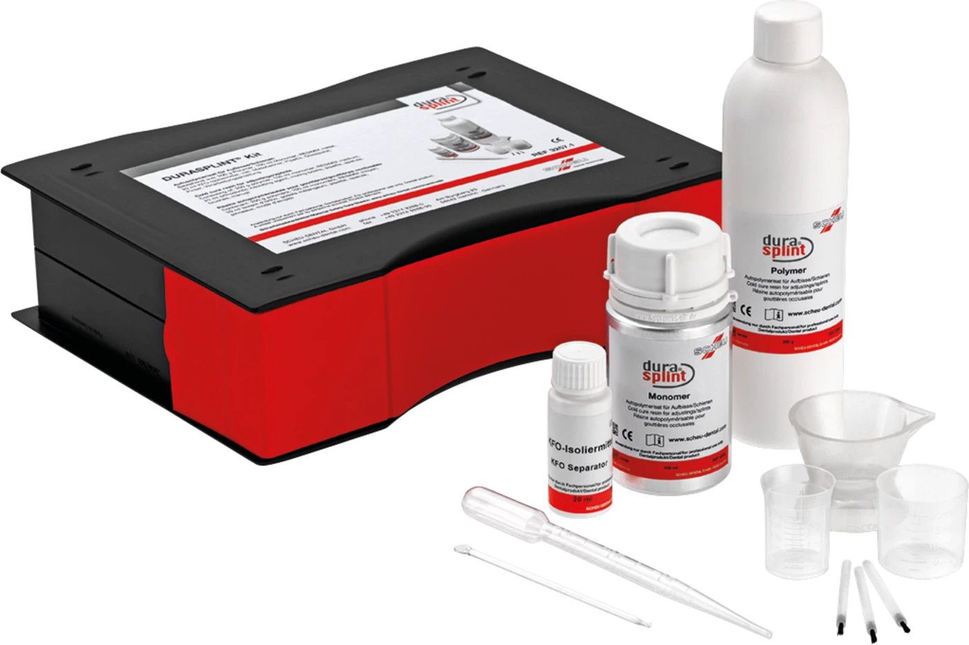 DURASPLINT® Kit 200 g Polymer, 100 ml Monomer, 1 Dosier- und Mischbecher, 20 ml KFO-Isoliermittel inklusive Pinsel, Zubehör