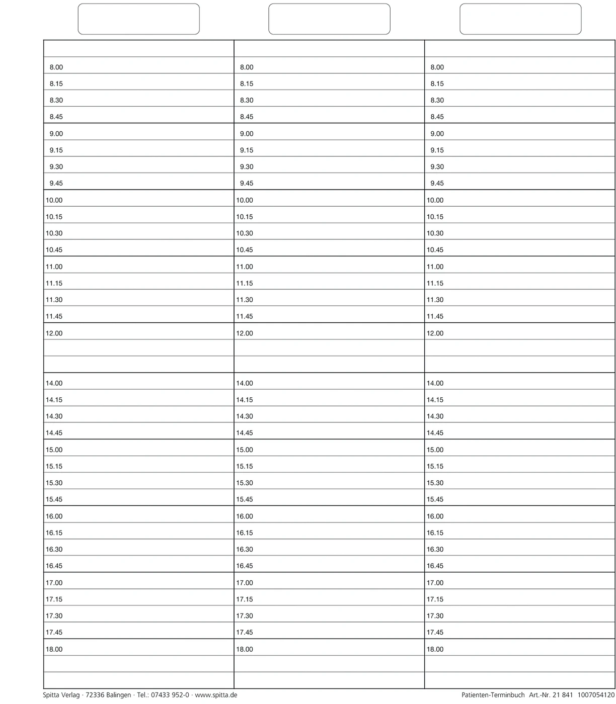 Einlageblatt Patienten-Terminbuch mit Uhrzeit Packung 50 Stück mit Uhrzeit