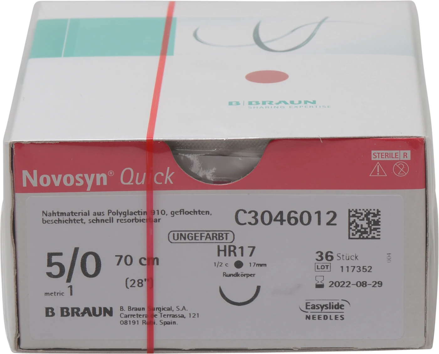 Novosyn® QUICK Packung 36 Stück ungefärbt, 70 cm, HR17, Stärke 5/0 Novosyn® QUICK Packung 36 Stück ungefärbt, 70 cm, HR17, Stärke 5/0