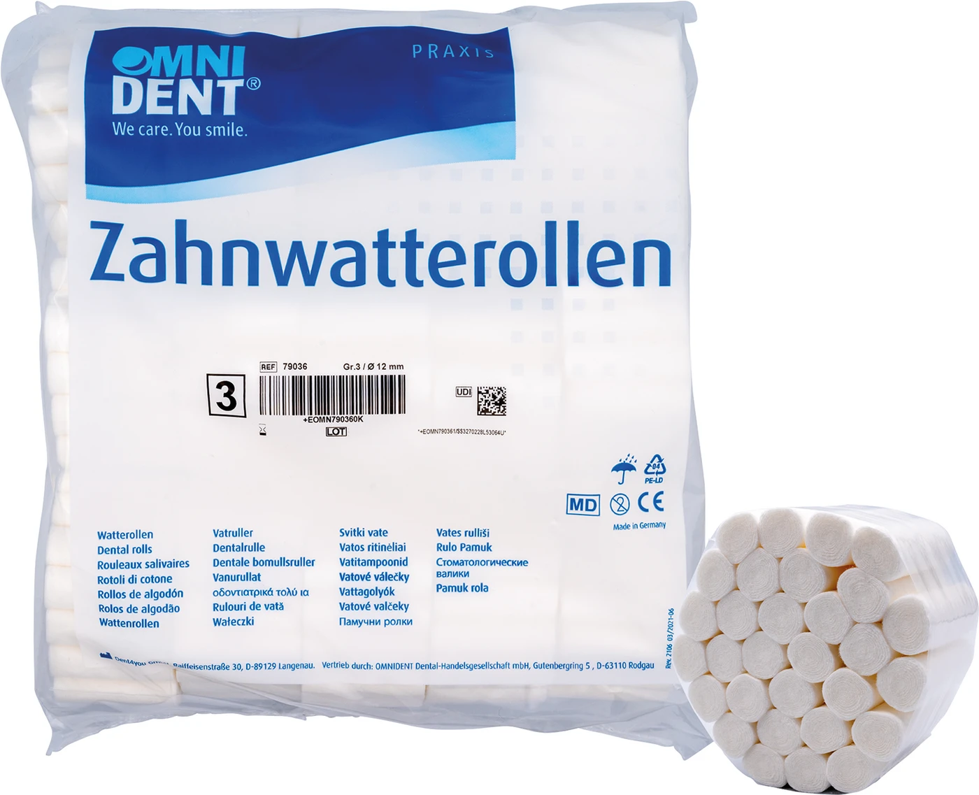 Zahnwatterollen Packung 300 g Ø 12 mm, Größe 3