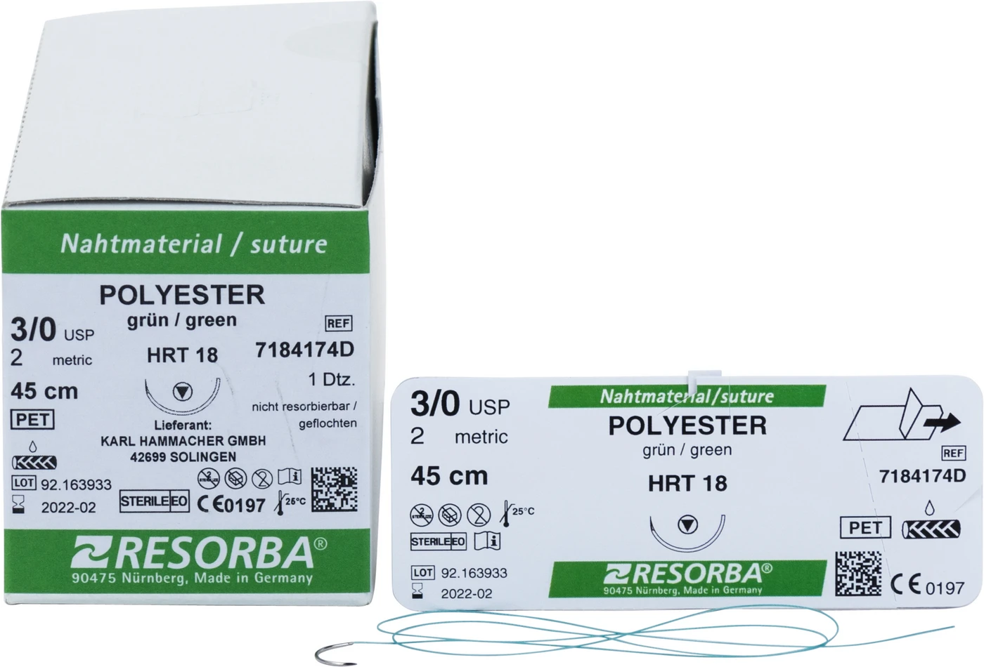 RESORBA® Polyester Packung 12 Stück, grün, 45 cm, HRT 18, USP 3/0