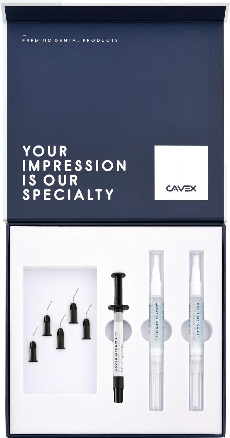 CAVEX Bite&White Shade Correction Starter Pack 2 x 2 ml Pen, 1 g Spritze, 5 Application Tips