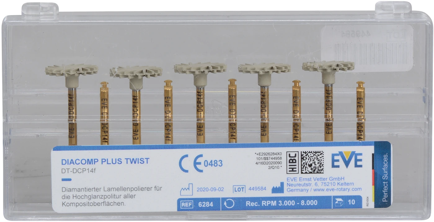 EVE DIACOMP® PLUS TWIST Packung 10 Stück grau fein, RA, Figur Twist, 14 x 1,6 mm EVE DIACOMP® PLUS TWIST Packung 10 Stück grau fein, RA, Figur Twist, 14 x 1,6 mm