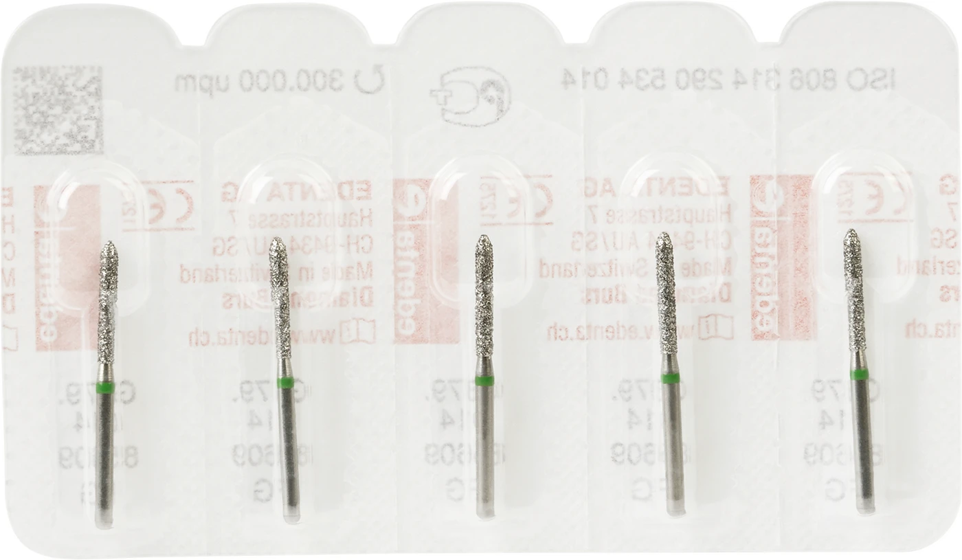 Diamanten 879 Packung 5 Stück grün grob, FG, Figur 290 Torpedo zylindrischo, 10 mm, ISO 014
