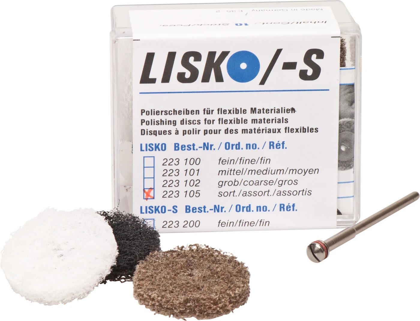 LISKO Polierer Packung 10 Stück (4 x weiß, 4 x grau, 2 x braun), unmontiert, 4 Stützscheiben, 1 Mandrell
