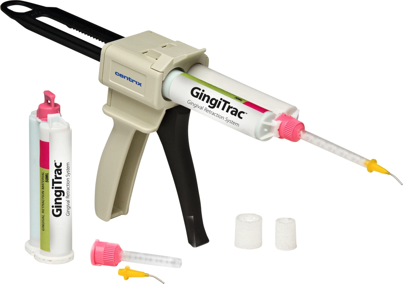 GingiTrac™ Kit Standard 1 Mischpistole, 2 Kartuschen, 40 Mischdüsen, 40 Spritzen, 60 GingiCaps GingiTrac™ Kit Standard 1 Mischpistole, 2 Kartuschen, 40 Mischdüsen, 40 Spritzen, 60 GingiCaps