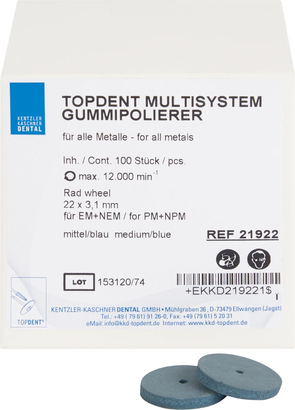 TOPDENT Multisystem-Gummipolierer Packung 100 Stück blau mittel, Rad,  Ø 22 mm x 3,1 mm