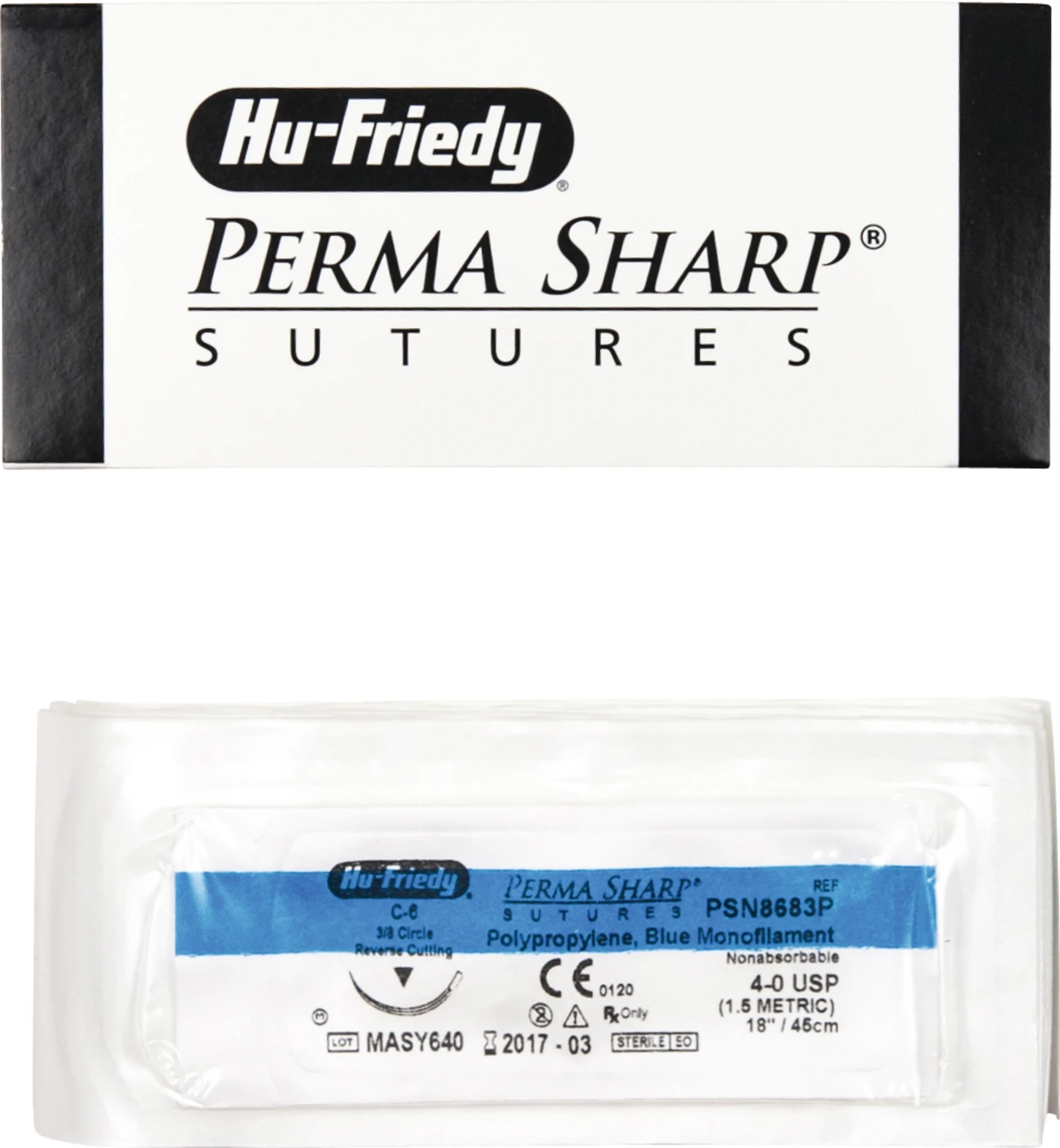 Perma Sharp™ Polypropylen Packung 12 Stück blau, 45 cm, C-6, 3/8 Kreis, schneidend, Rückstich, 18,7 mm, USP 4/0