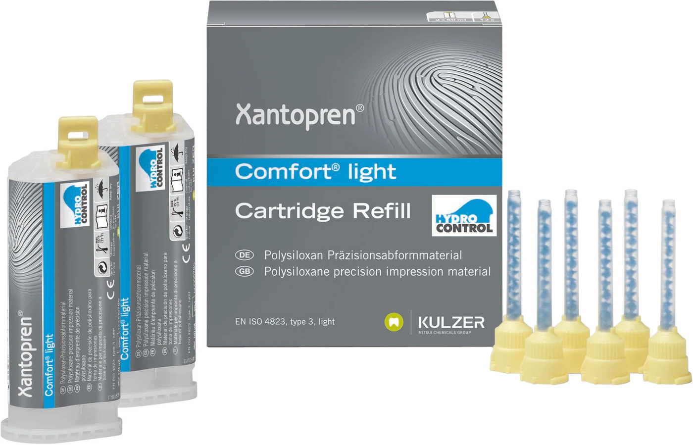 Xantopren® Comfort® System Normalpackung 2 x 50 ml Doppelkartusche light blau, 12 Mixing Tips