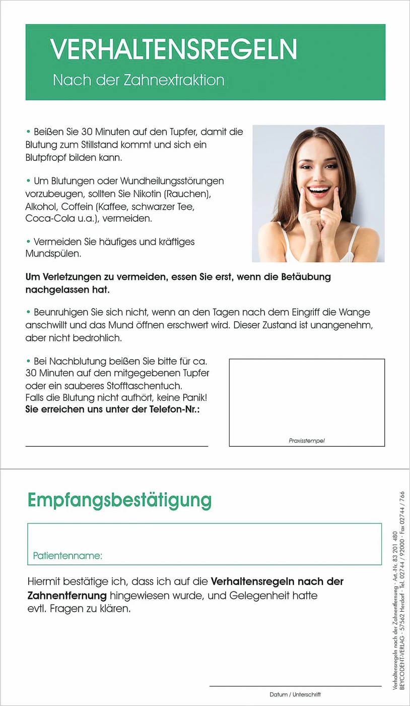 Verhaltensregeln nach Zahnextraktion Packung 100 Stück