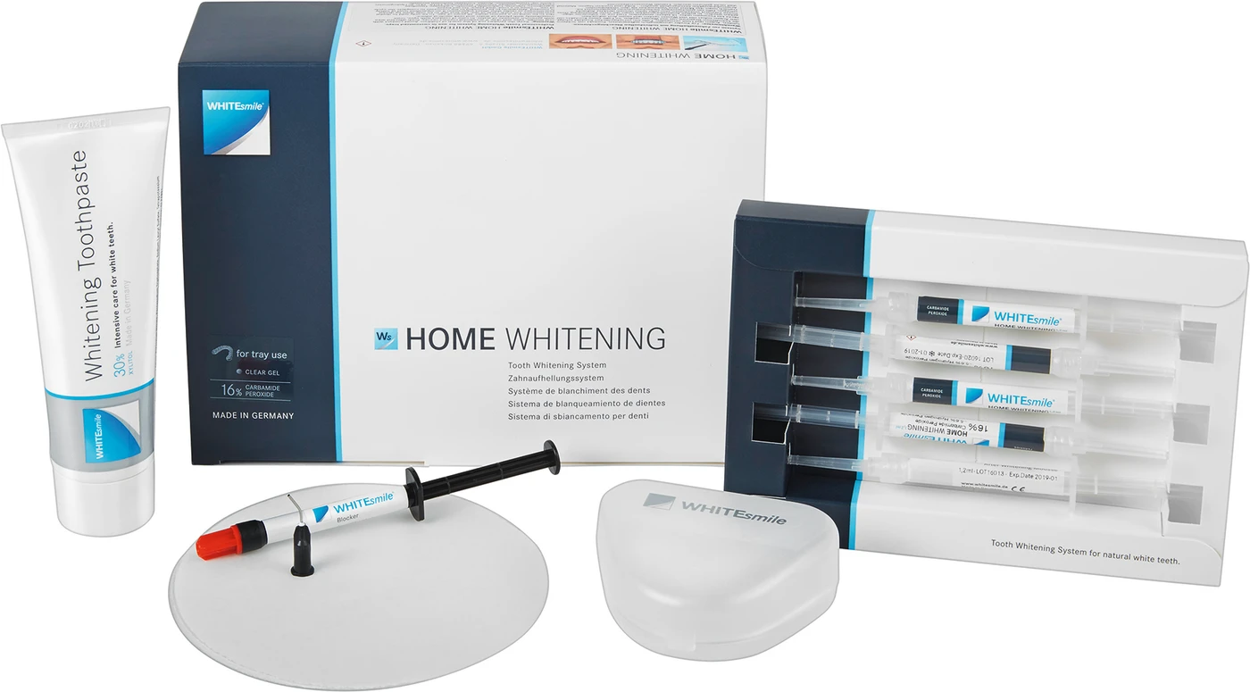 HOME WHITENING Slim Kit 8 x 1,2 ml Zahnaufhellungsgel 16 % CP, 2 x 1,2 ml After Whitening Mousse, Zubehör