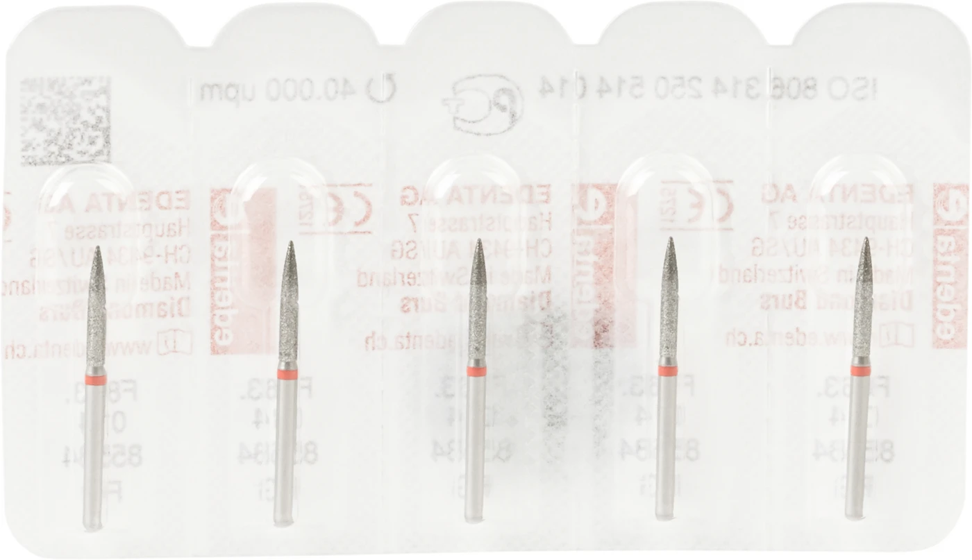 Diamanten 863 Packung 5 Stück rot fein, FG, Figur 250 Flamme, 10 mm, ISO 014