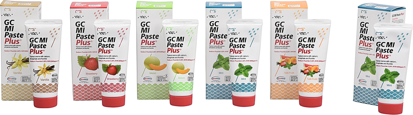 GC MI Paste Plus® Promopack 5+1 6 x 40 ml Paste (Melone, Erdbeer, Tutti Frutti, Vanille, Minze) GC MI Paste Plus® Promopack 5+1 6 x 40 ml Paste (Melone, Erdbeer, Tutti Frutti, Vanille, Minze)