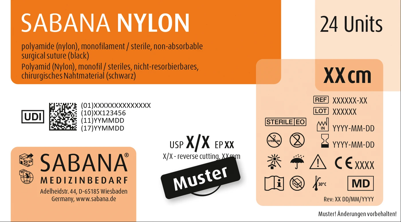 SABANA NYLON Packung 24 Stück schwarz, 45 cm, HS-15, USP 4/0, Stärke 1,5