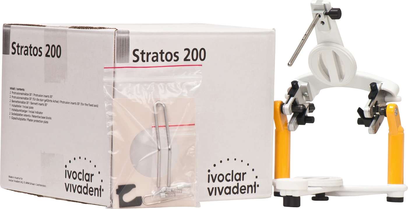 Stratos 200 Paket 1 Grundgerät, 2 Protusionseinsätze 30°, 2 Bennetteinsätze 30°, 1 Inzisalteller 0°, 1 Inzisalpunktezeiger, 2 Sockelplatten retentiv, 2 Gipsschutzplatte, 2 Stützfüße