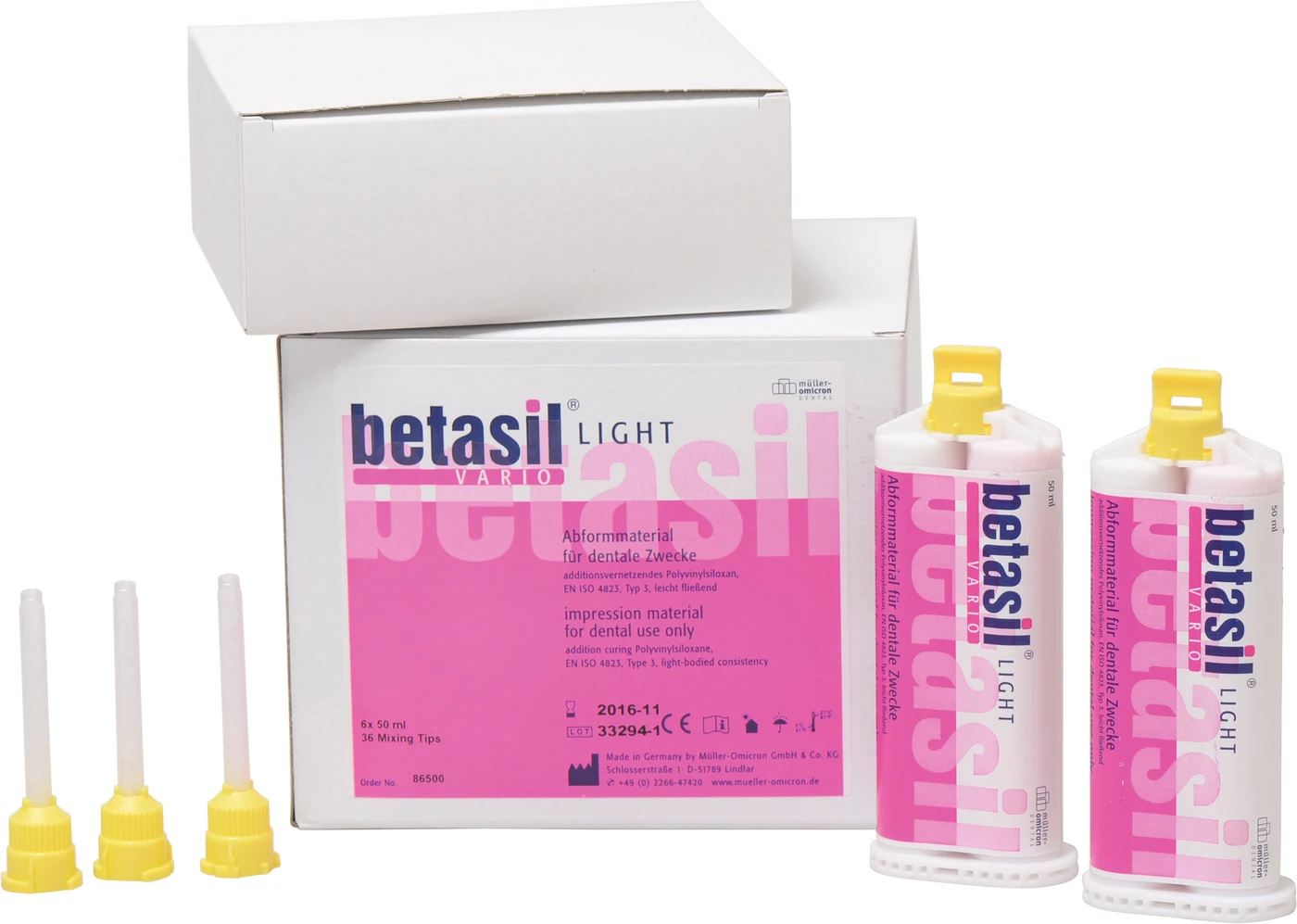 betasil® VARIO LIGHT Großpackung 6 x 50 ml Kartusche light, 36 Mixing Tips gelb betasil® VARIO LIGHT Großpackung 6 x 50 ml Kartusche light, 36 Mixing Tips gelb