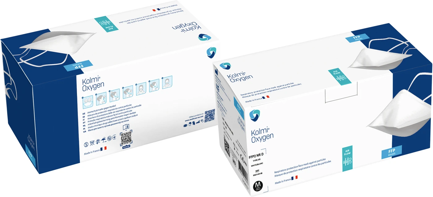 Kolmi Oxygen FFP2 Atemschutzmaske Packung 50 Stück mit Kopfschlaufen, medium Kolmi Oxygen FFP2 Atemschutzmaske Packung 50 Stück mit Kopfschlaufen, medium