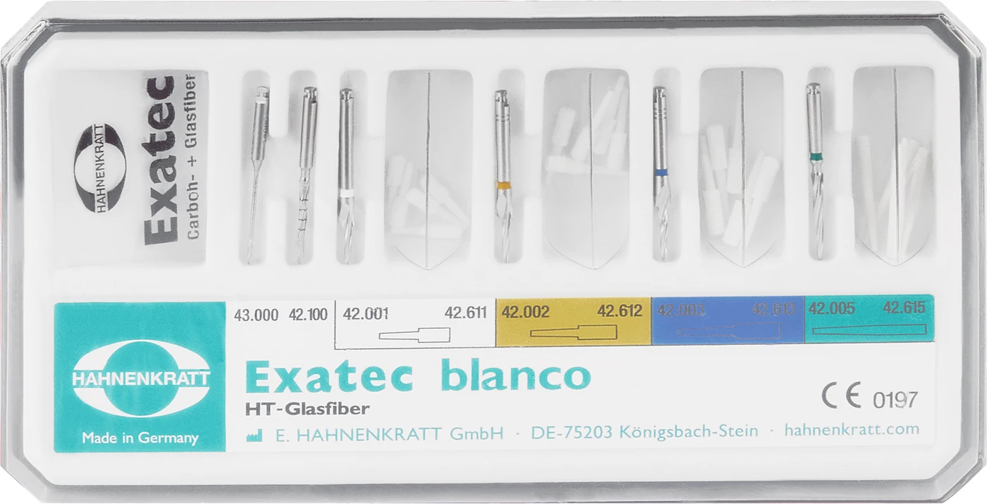 Exatec Standard Set 2 Kanalerweiterer, 4 Kalibrierbohrer, 16 Wurzelstifte, Messschablone, Box leer