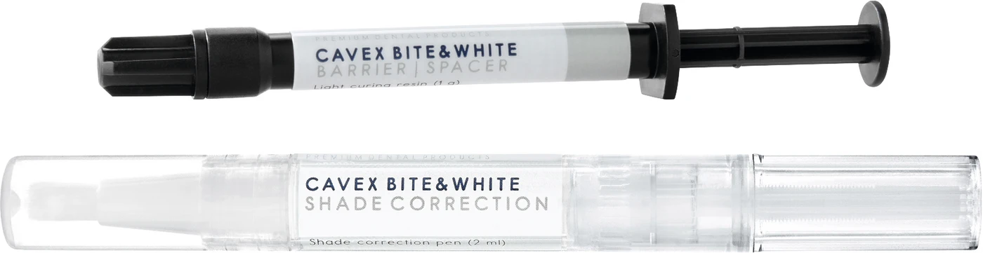 CAVEX Bite&White Shade Correction Starter Pack 2 x 2 ml Pen, 1 g Spritze, 5 Application Tips