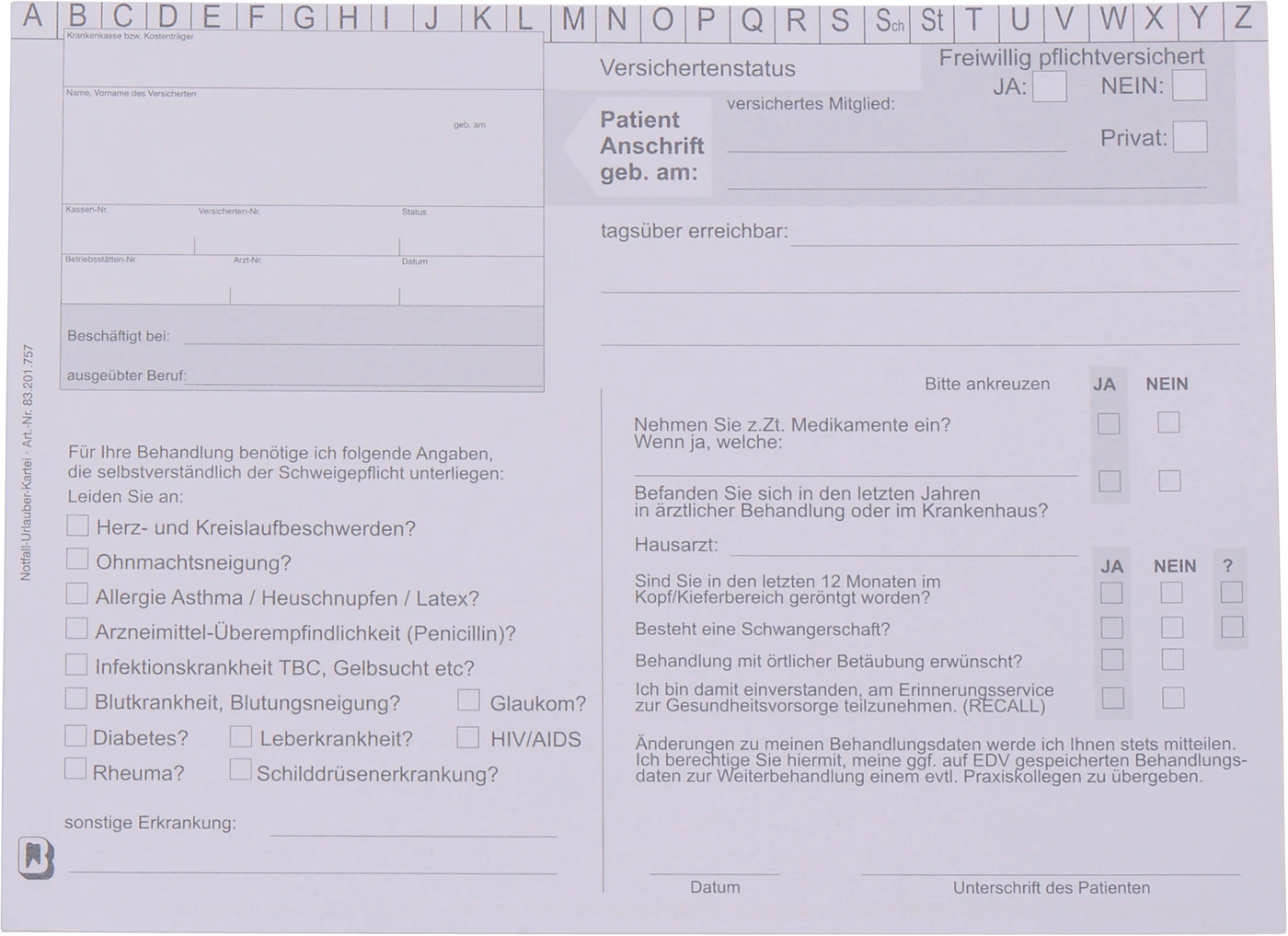Notfall-/ Urlauberkartei Packung 100 Stück Notfall-/ Urlauberkartei Packung 100 Stück