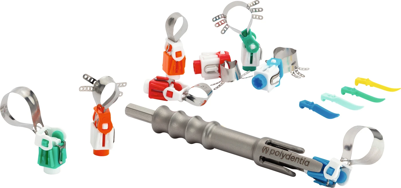 myQuickmat Hoop Vollmatrizen-System Kit 40 Vollmatrizen (regular/ mit Lasche), 2 Instrumente, 100 Keile sortiert