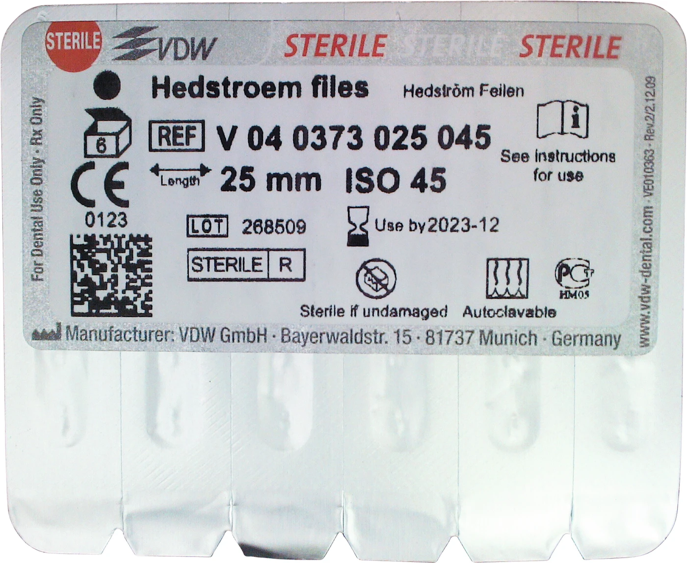 STERILE Hedstroem Feilen Blisterpackung 6 Stück 25 mm ISO 045