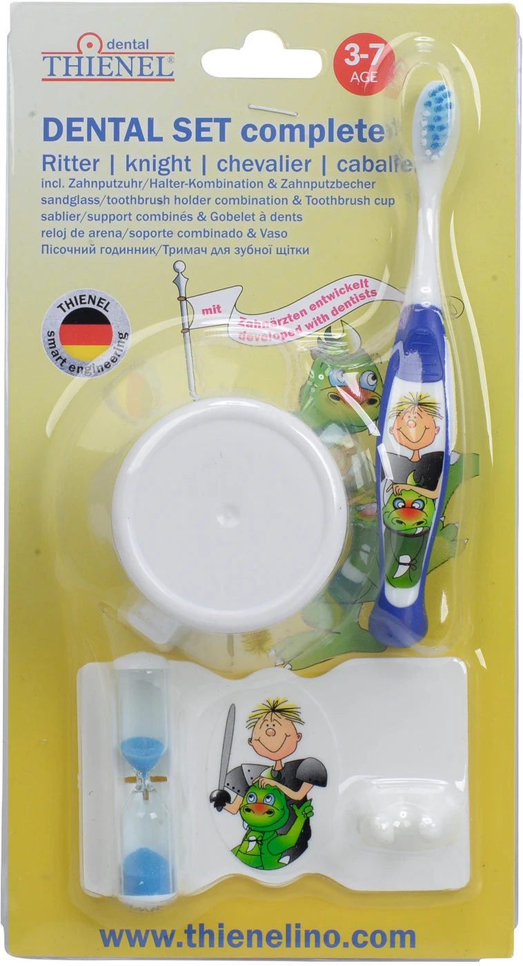 Dental Set complete Packung Ritter (1 Zahnbürste, 1 Zahnputzuhr mit Halter 2,5 min, 1 Zahnputzbecher) blau Dental Set complete Packung Ritter (1 Zahnbürste, 1 Zahnputzuhr mit Halter 2,5 min, 1 Zahnputzbecher) blau