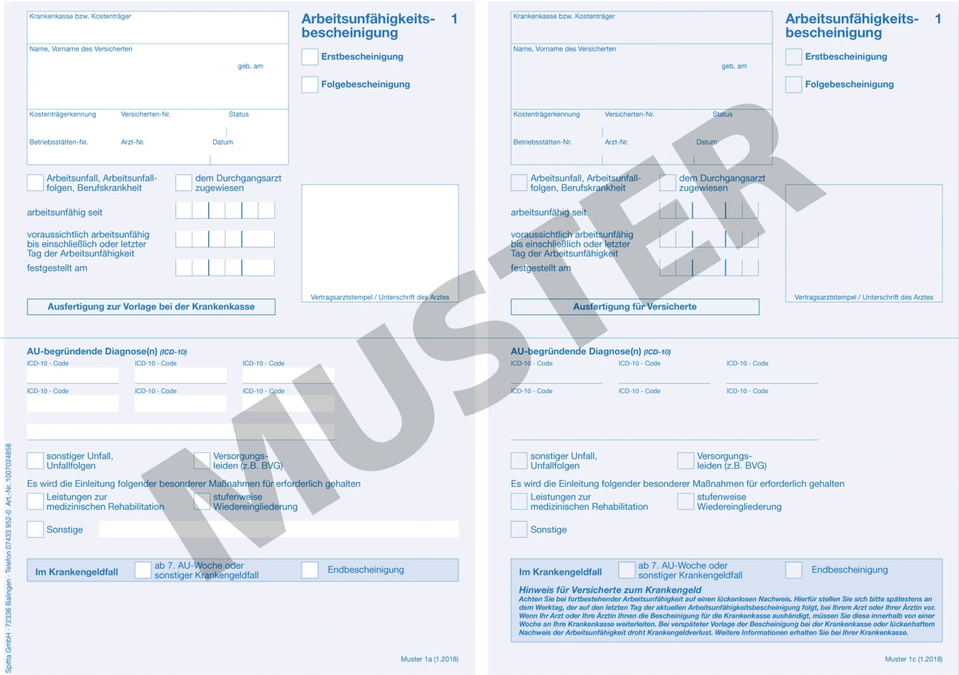 Arbeitsunfähigkeitsbescheinigung Stück 50 Blatt