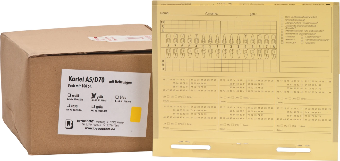 Karteimappen A5/D70 Packung 100 Stück gelb mit Heftzunge